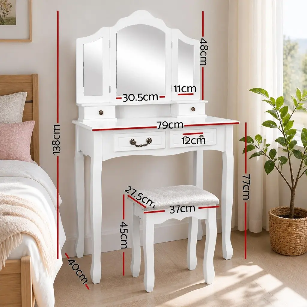 Dressing Table Set with Large Mirror and Padded Stool