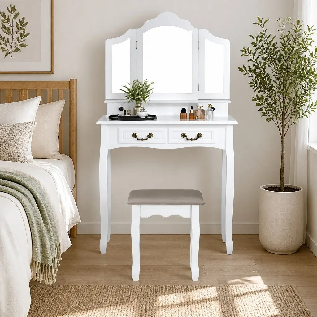 Dressing Table Set with Large Mirror and Padded Stool