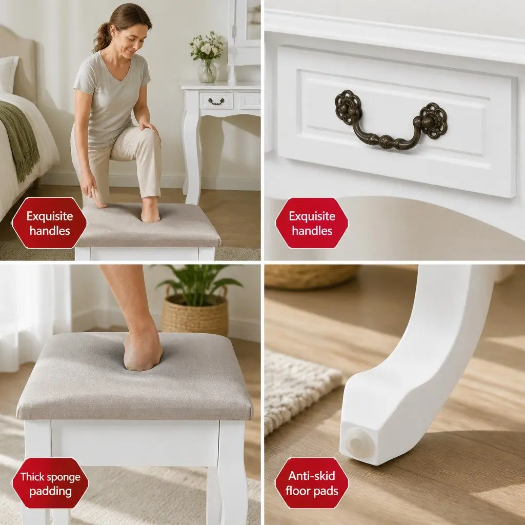 Dressing Table Set with Large Mirror and Padded Stool