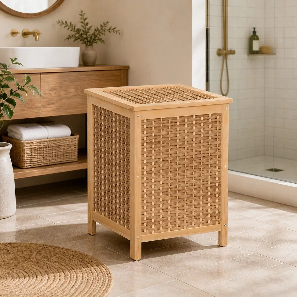 Wooden Laundry Hamper Storage Cabinet Bathroom Organiser Natural 38cm x 38cm x 55cm