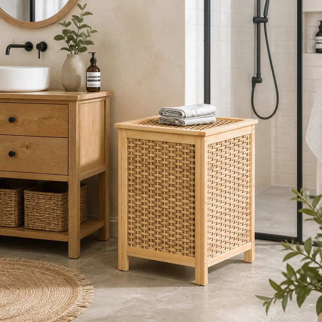 Wooden Laundry Hamper Storage Cabinet Bathroom Organiser Natural 38cm x 38cm x 55cm