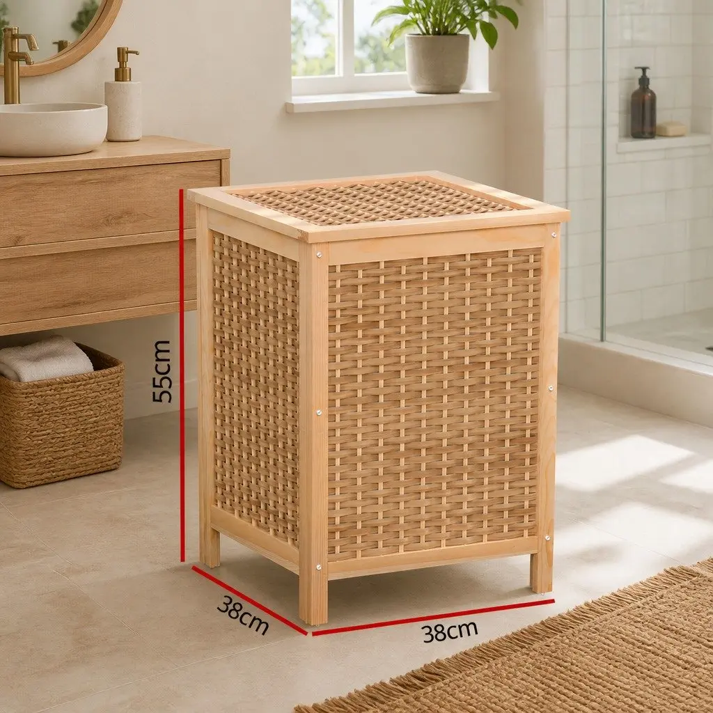 Wooden Laundry Hamper Storage Cabinet Bathroom Organiser Natural 38cm x 38cm x 55cm