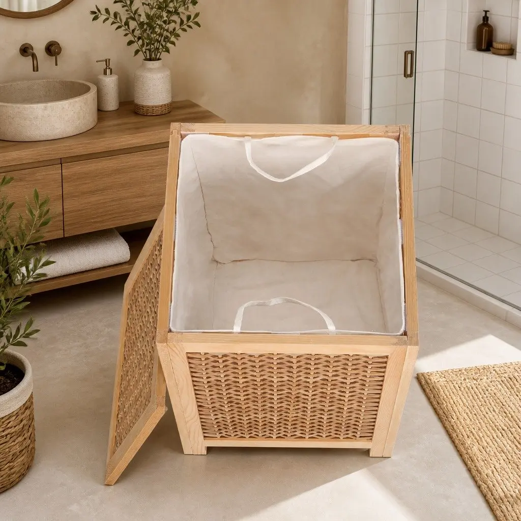 Wooden Laundry Hamper Storage Cabinet Bathroom Organiser Natural 38cm x 38cm x 55cm