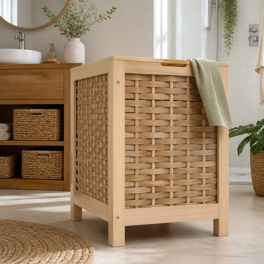 Wooden Laundry Hamper Storage Cabinet Bathroom Organiser Natural 38cm x 38cm x 55cm