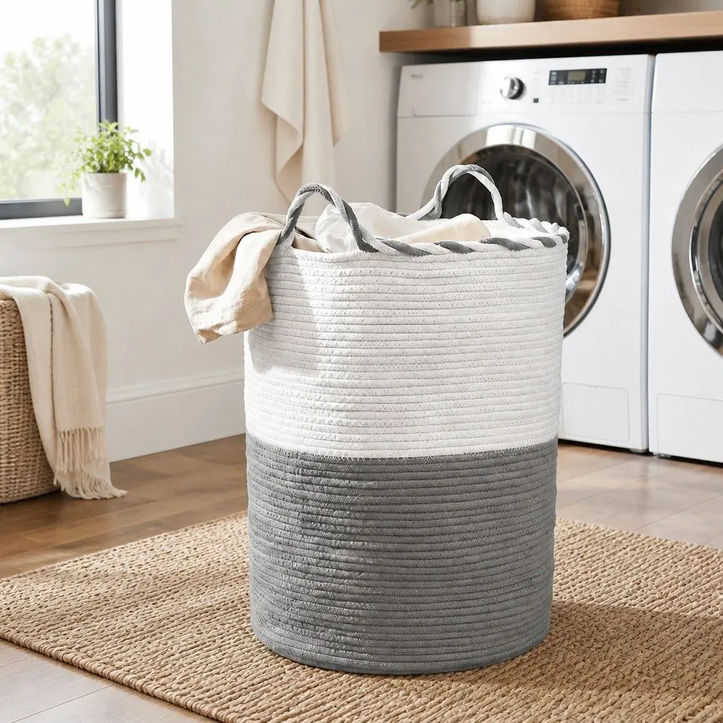 47L Cotton Rope Laundry Basket, 47x60cm, Foldable