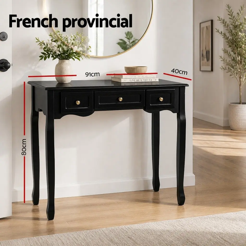 Console Table 3 Drawers Black French Provincial Hallway Bedroom Storage