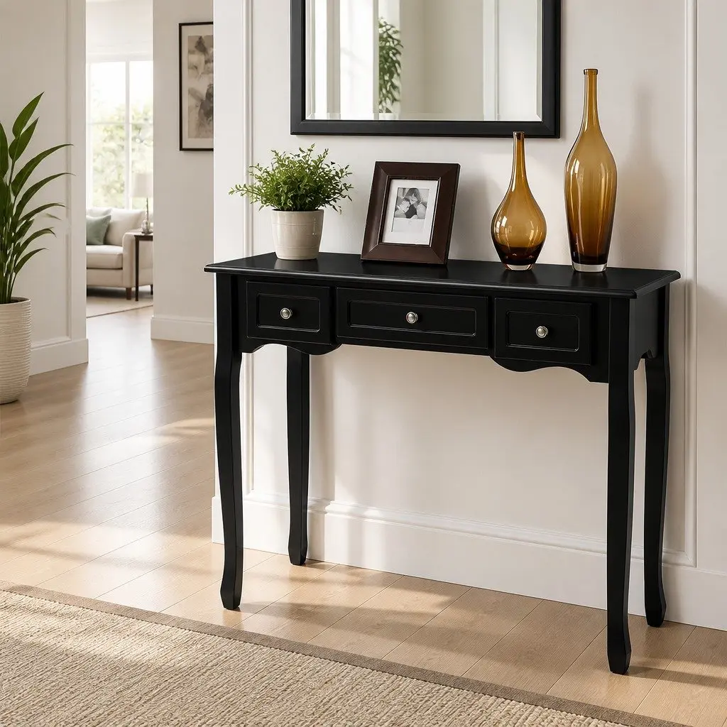 Console Table 3 Drawers Black French Provincial Hallway Bedroom Storage
