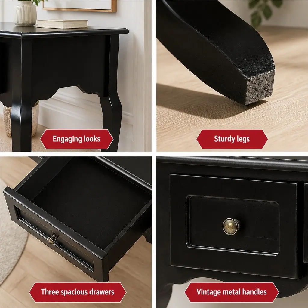 Console Table 3 Drawers Black French Provincial Hallway Bedroom Storage