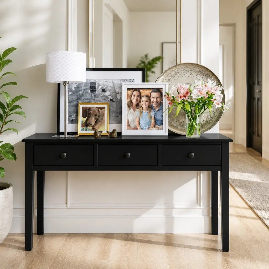 Console Table 3 Drawers Black French Provincial Hallway Bedroom Storage