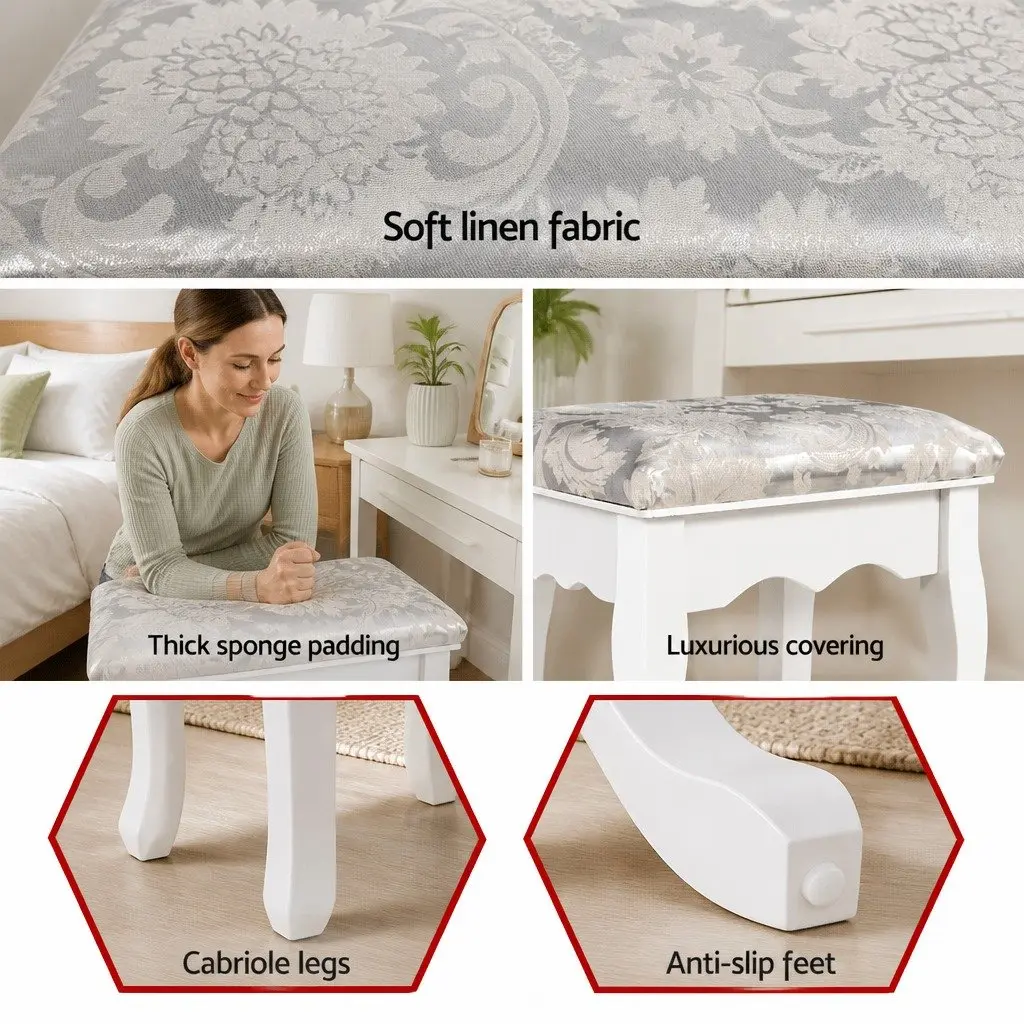 Dressing Stool Bedroom White Velvet 37cm W x 27.5cm D x 45cm H