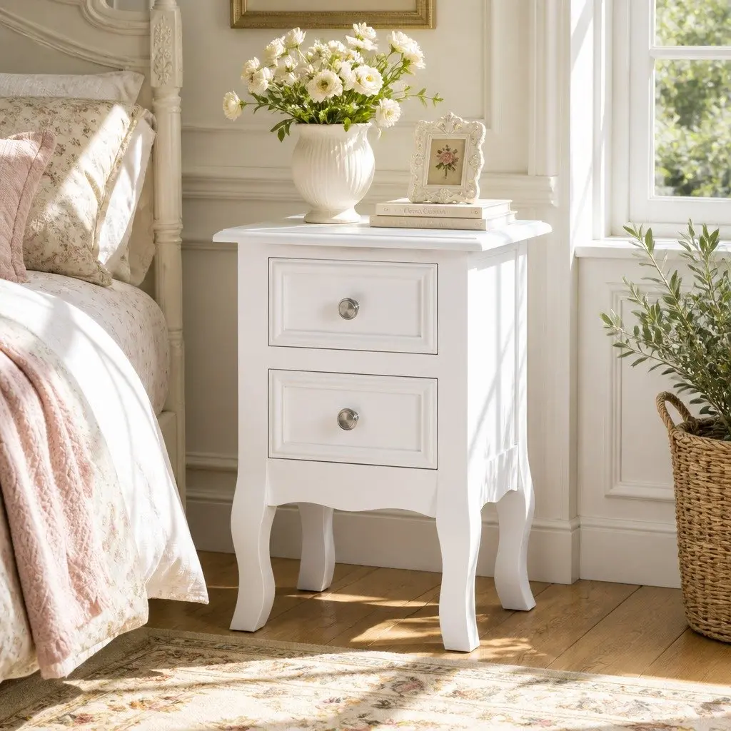 Bedside Table 2 Drawers White Curved Legs French Provincial Bedroom Storage