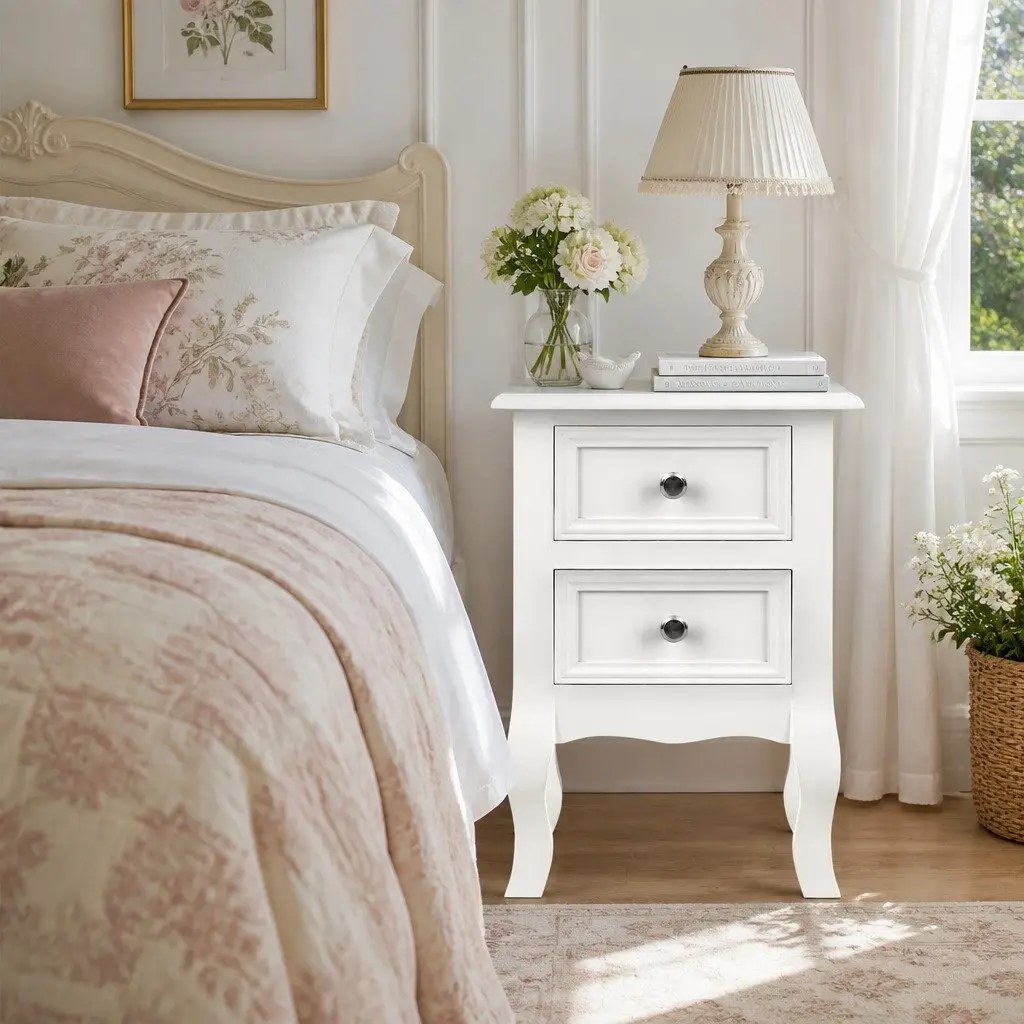 Bedside Table 2 Drawers White Curved Legs French Provincial Bedroom Storage