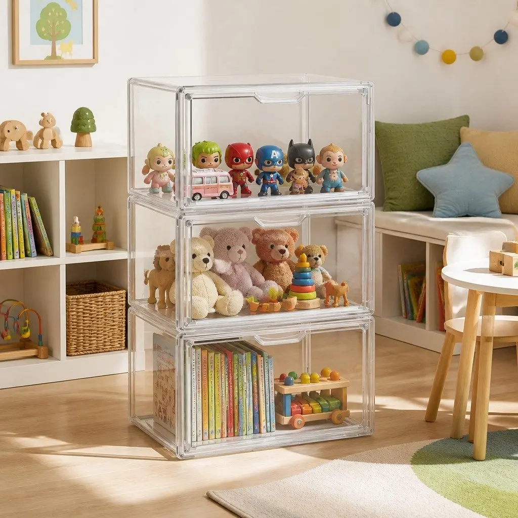 Clear Acrylic Display Case 3 Pack Stackable Toy Storage Box Magnetic Door Dust