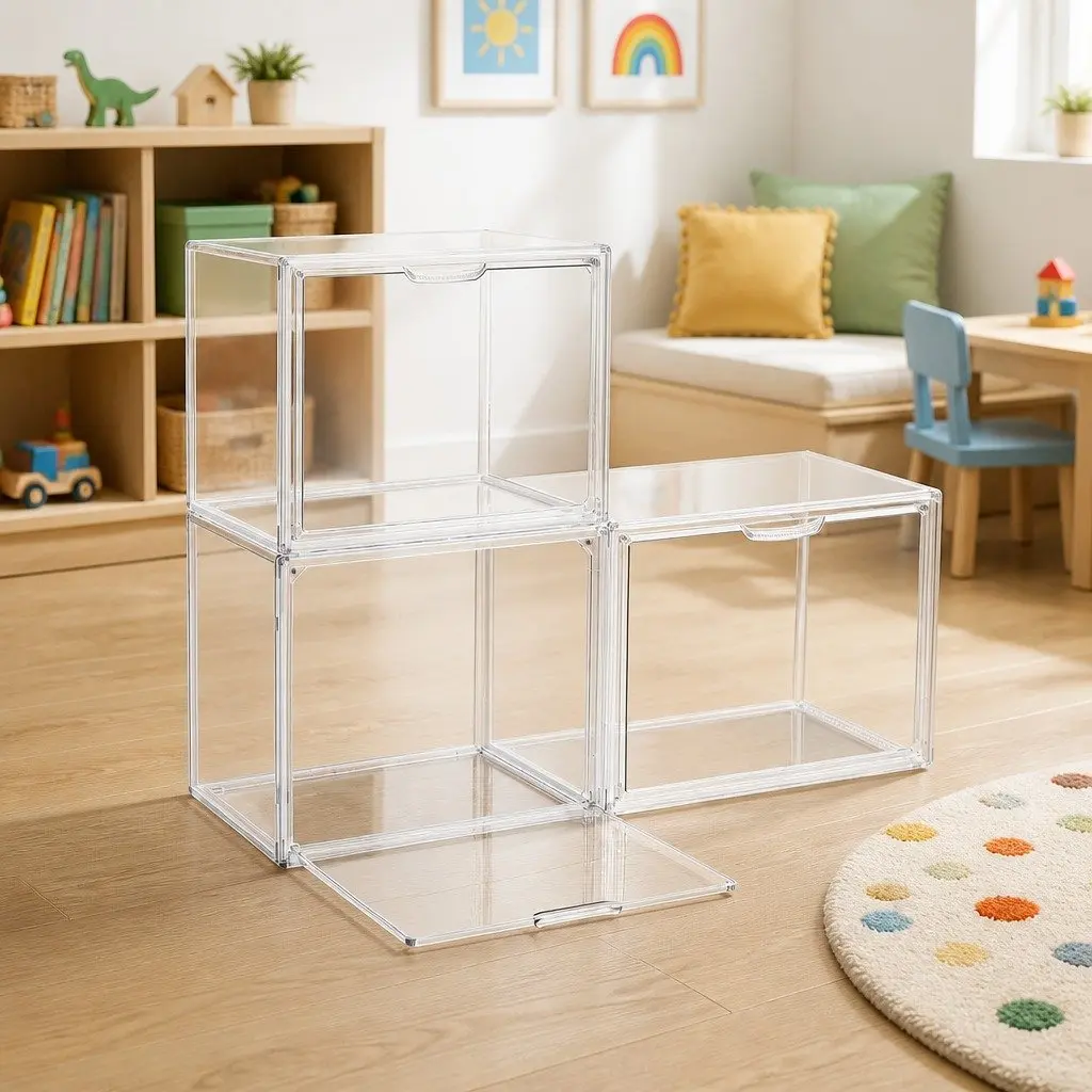 Clear Acrylic Display Case 3 Pack Stackable Toy Storage Box Magnetic Door Dust