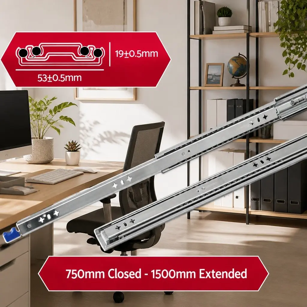 Heavy Duty Drawer Slides Full Extension Locking 750mm to 1500mm Silver 115kg Capacity