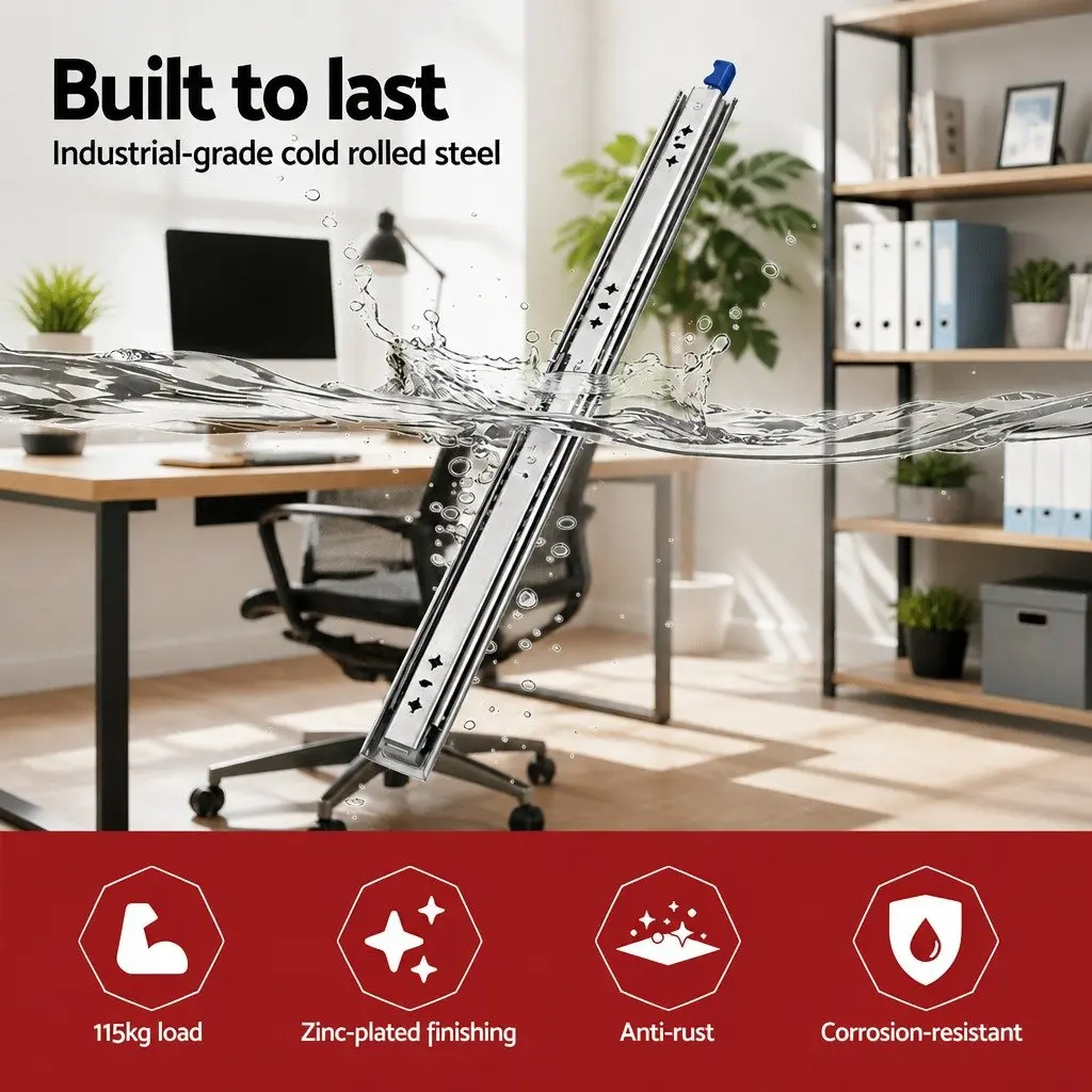 Heavy Duty Drawer Slides Full Extension Locking 750mm to 1500mm Silver 115kg Capacity