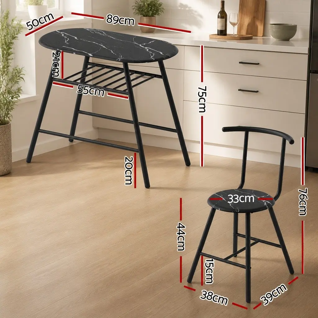 Dining Table Set 3PC Bistro Kitchen Storage Wine Rack Black Marble Oval Compact