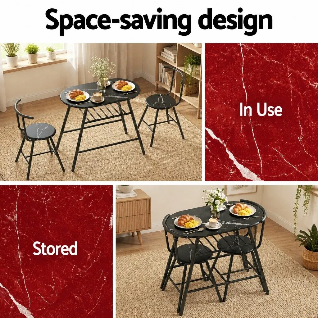Dining Table Set 3PC Bistro Kitchen Storage Wine Rack Black Marble Oval Compact