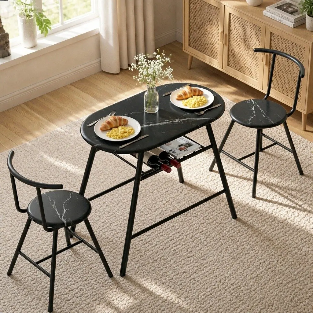 Dining Table Set 3PC Bistro Kitchen Storage Wine Rack Black Marble Oval Compact