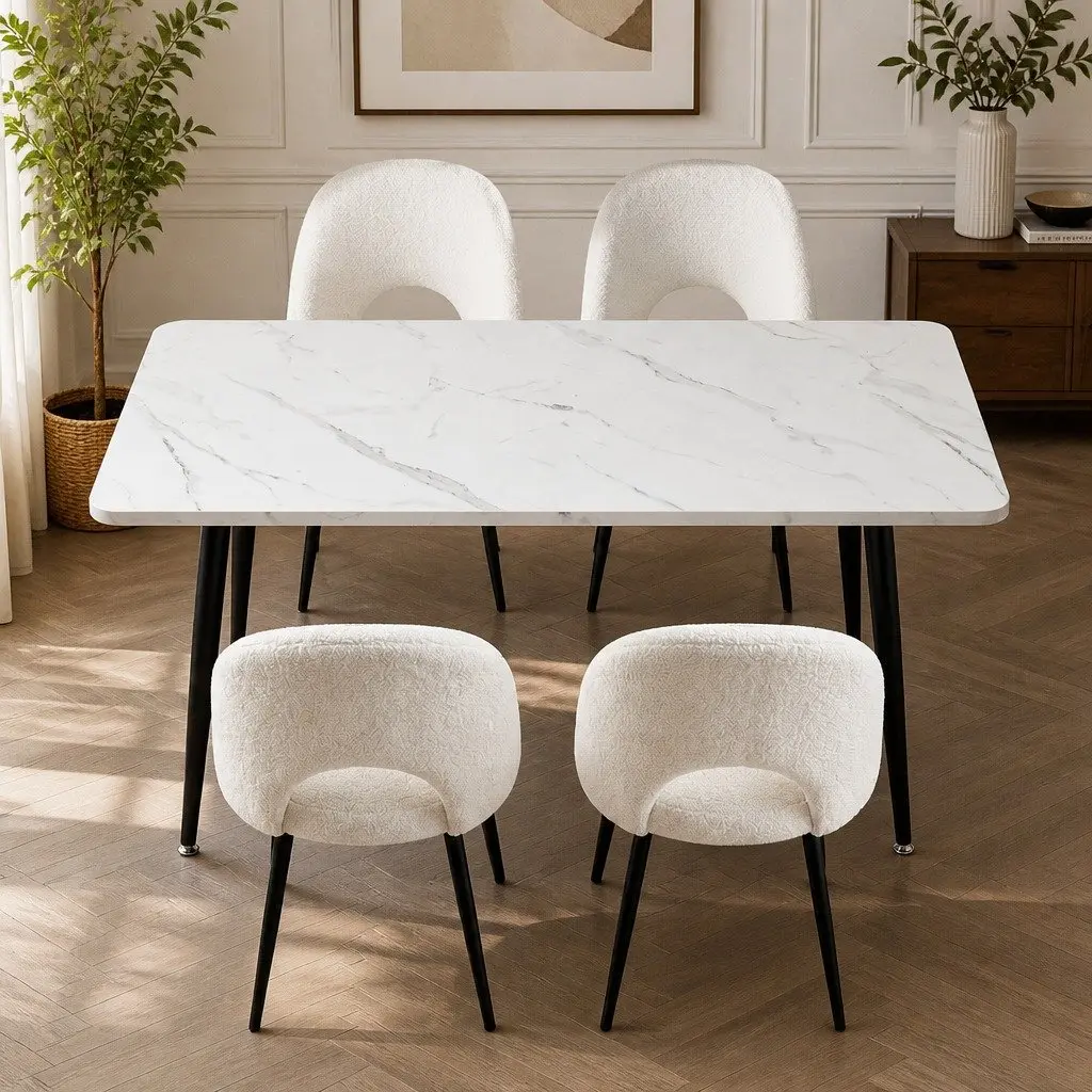 Dining Set Kitchen 5 Piece Marble Effect Table and Chairs White Grey