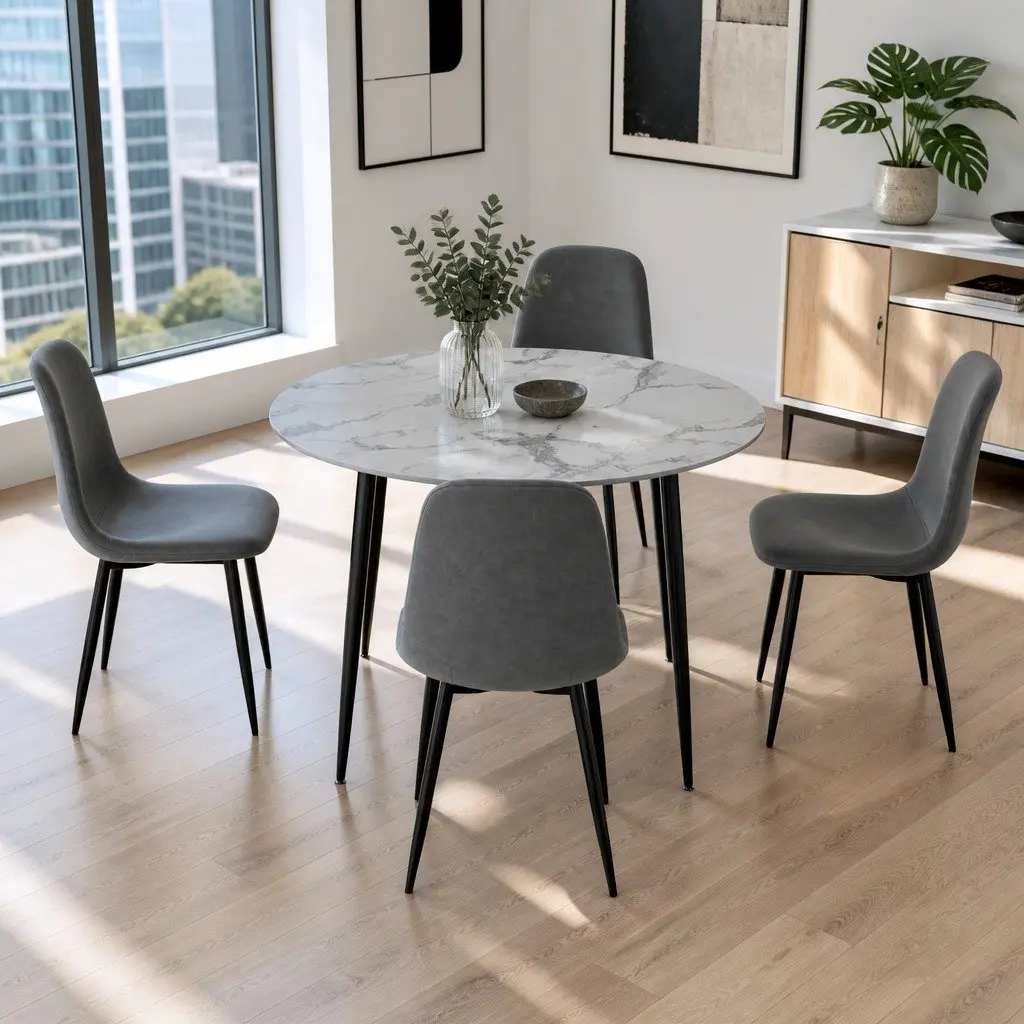 Dining Table and 4 Chairs Set Round Marble Grey Industrial Modern Furniture