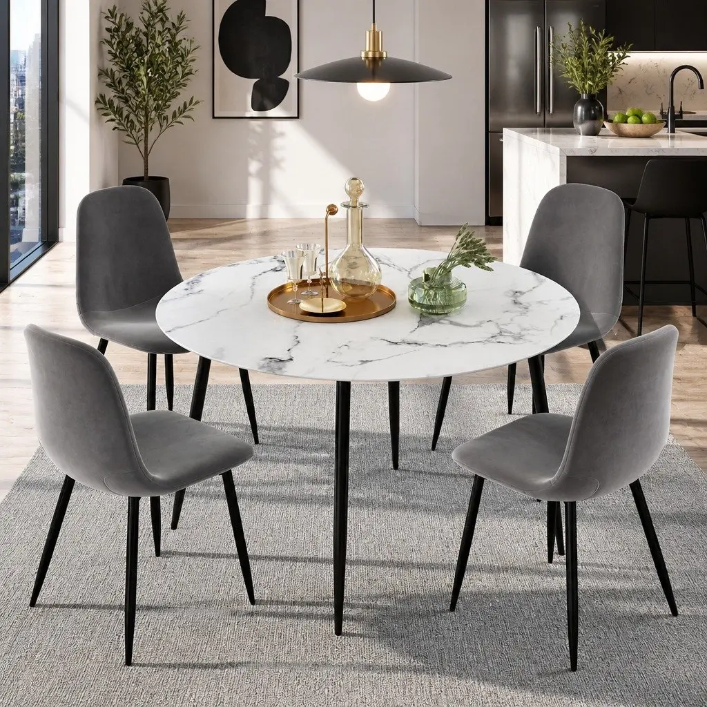 Dining Table and 4 Chairs Set Round Marble Grey Industrial Modern Furniture