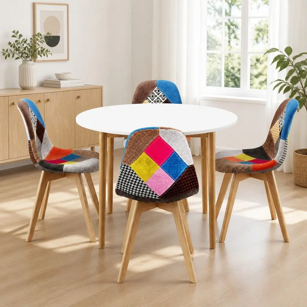 4-Seater White Round Dining Table and Eiffel Chairs Set