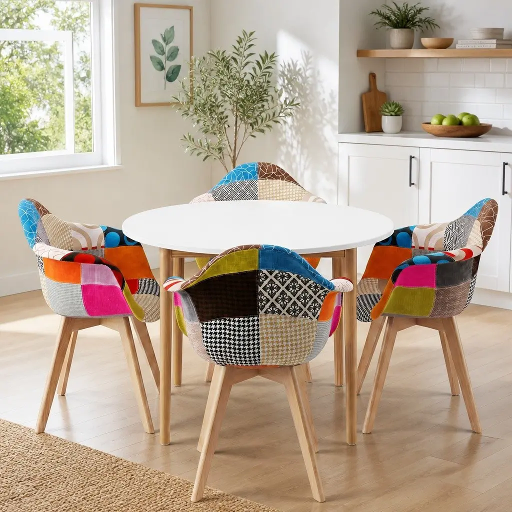 Round White MDF Dining Table with 4 Chairs
