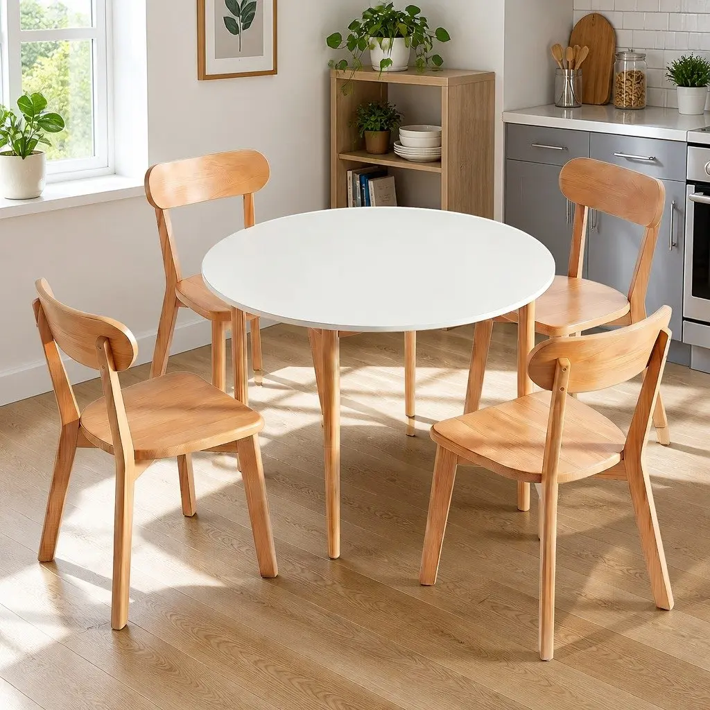 Round Dining Table Set for Kitchen 108cm with 4 Chairs Compact Small Space