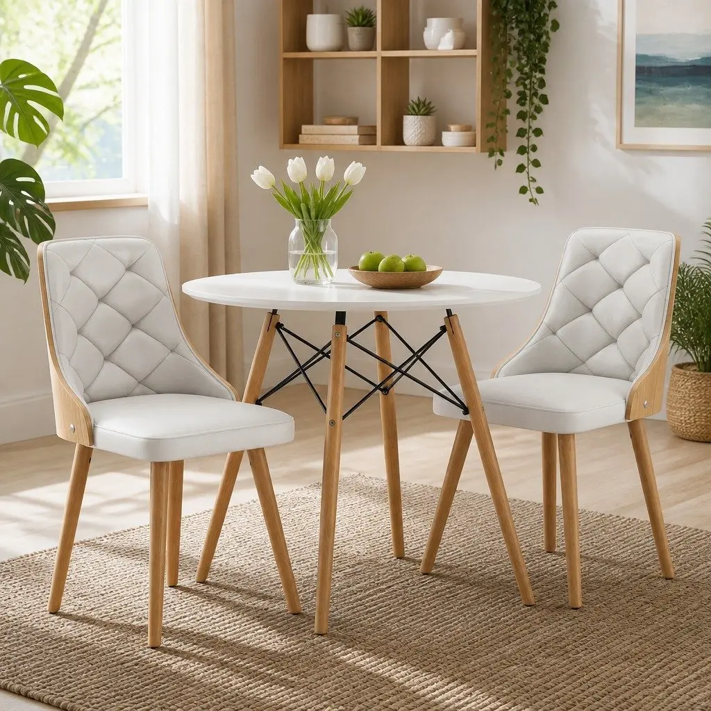 Dining Table and Chairs Set 3PCS 90cm Round 2 Seater Kitchen Dining Room White