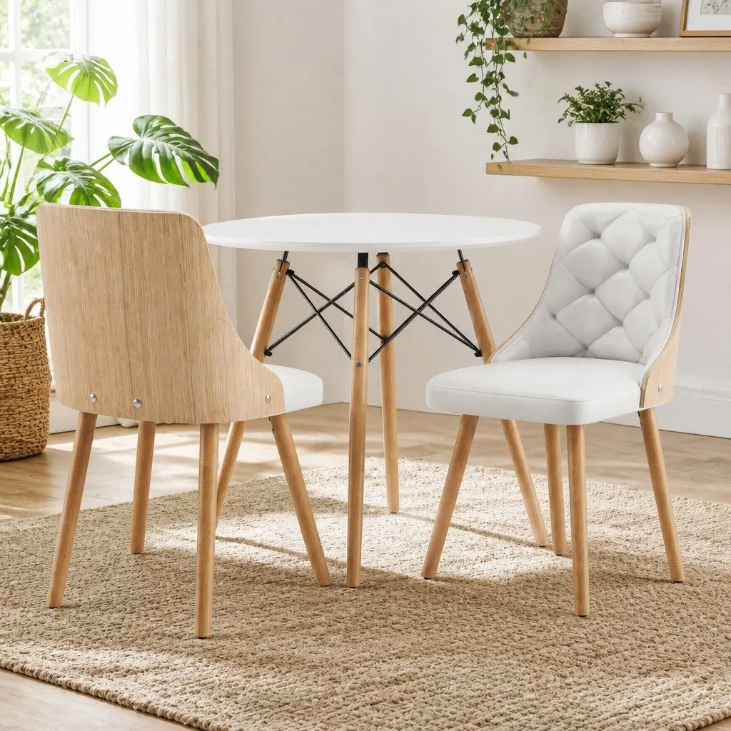 Dining Table and Chairs Set 2 Seater 90cm Round Kitchen Dining Room White