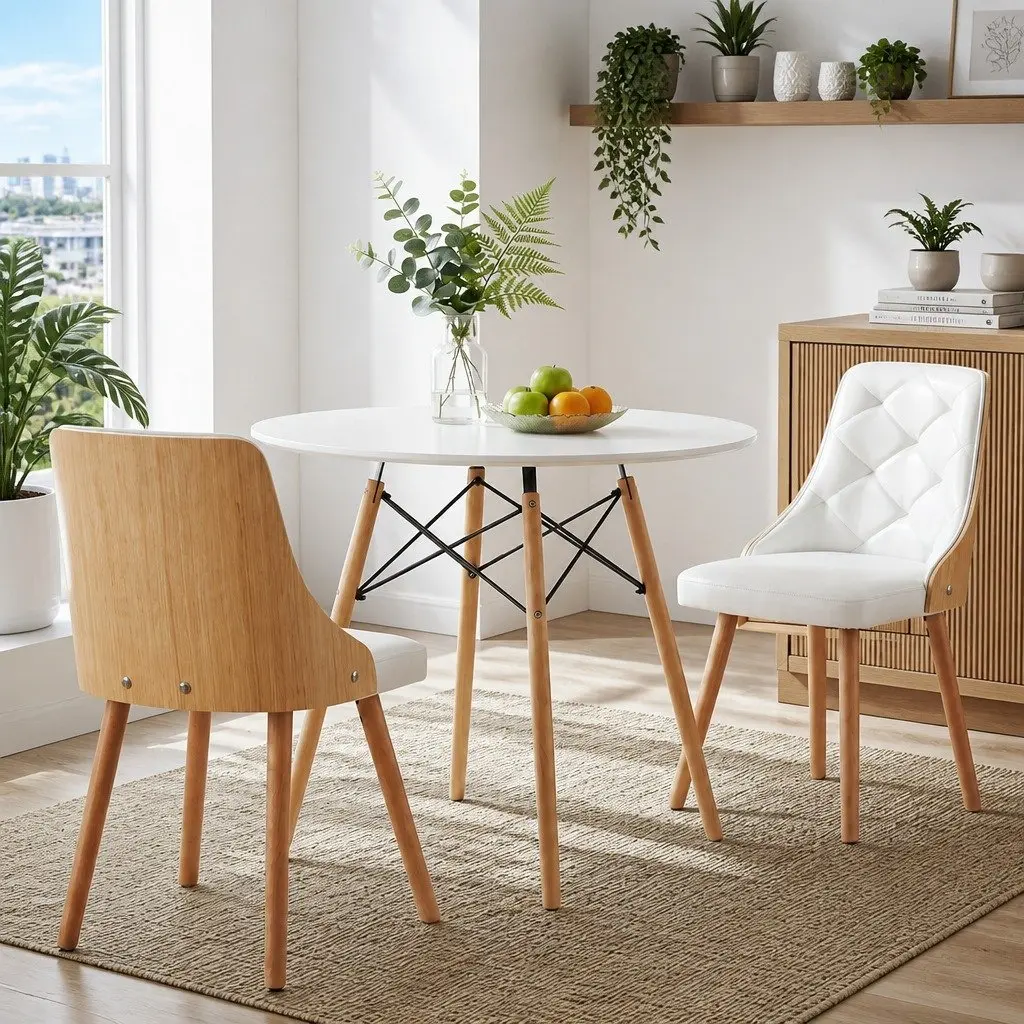 Dining Table and Chairs Set 2 Seater 90cm Round Kitchen Dining Room White