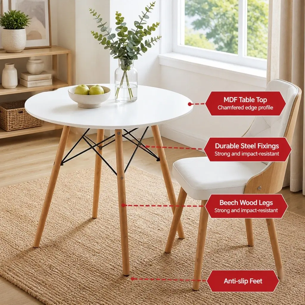 Dining Table and Chairs Set 2 Seater 90cm Round Kitchen Dining Room White