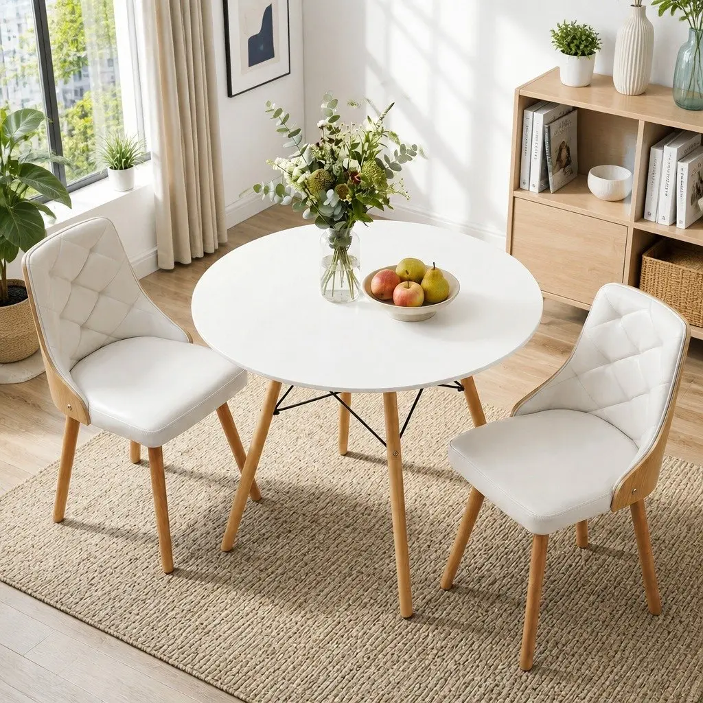 Dining Table and Chairs Set 2 Seater 90cm Round Kitchen Dining Room White