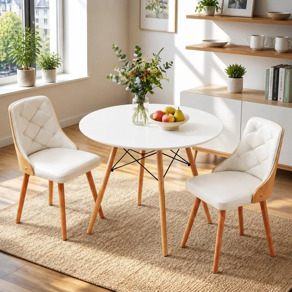 Dining Table and Chairs Set 2 Seater 90cm Round Kitchen Dining Room White
