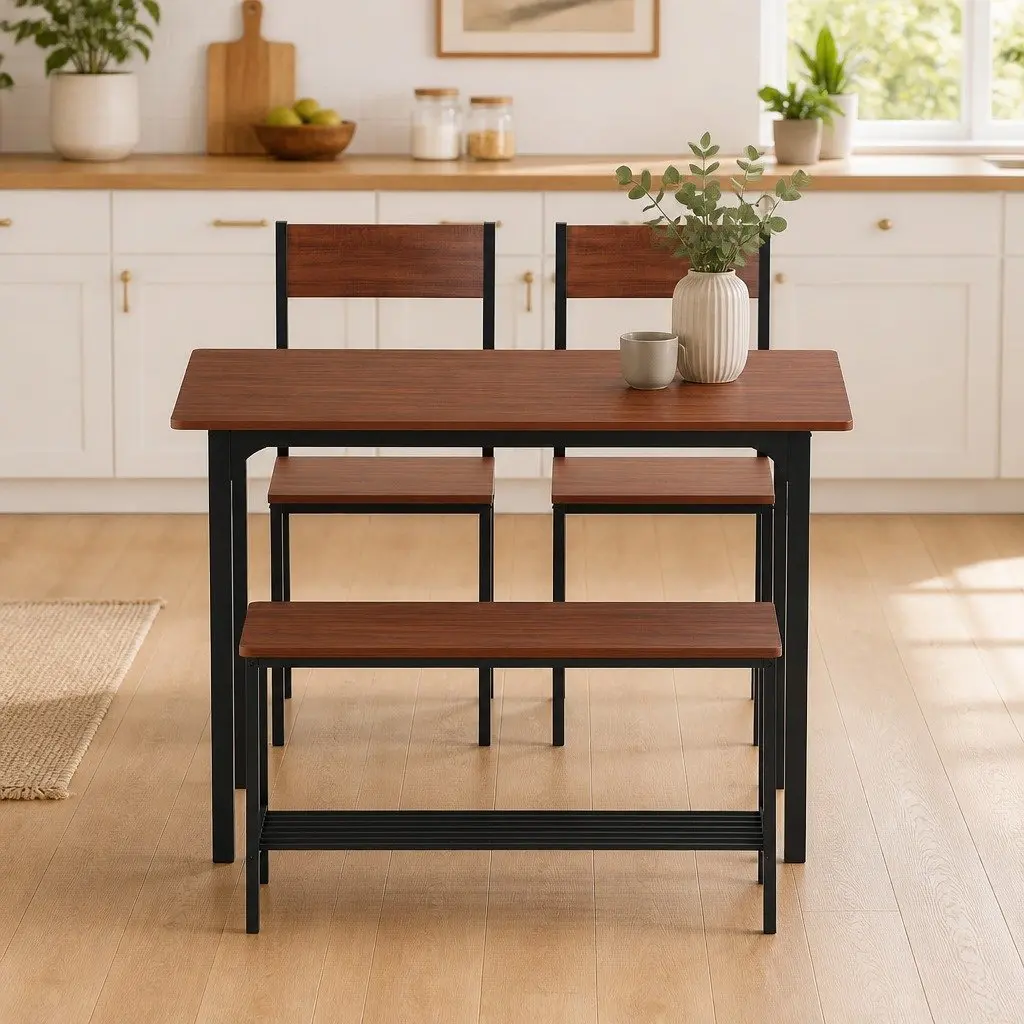 Dining Table and Chairs Set with Storage Bench Kitchen Furniture Brown Walnut