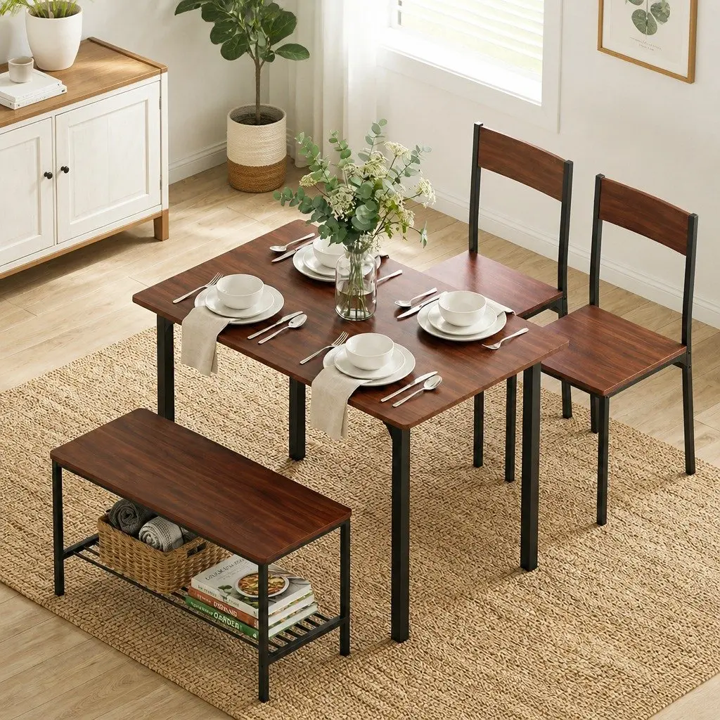 Dining Table and Chairs Set with Storage Bench Kitchen Furniture Brown Walnut