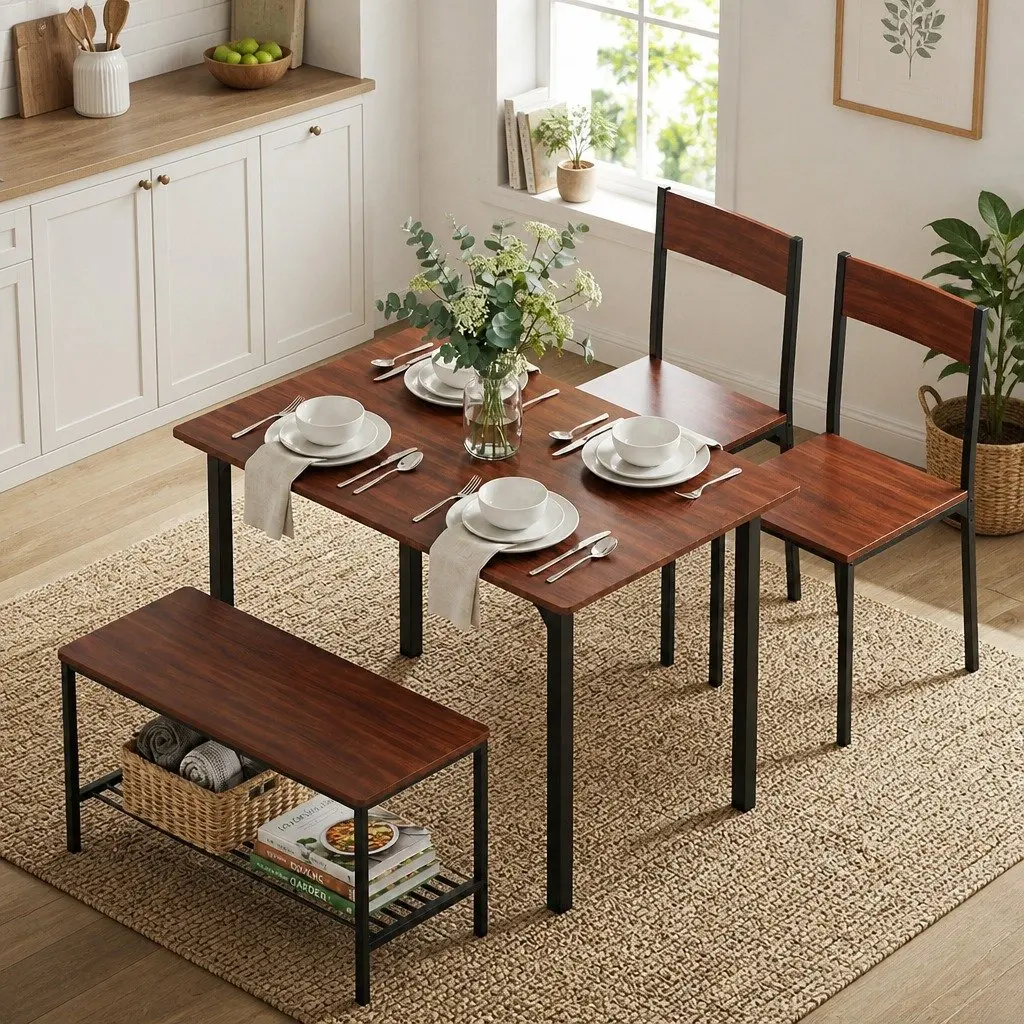 Dining Table and Chairs Set with Storage Bench Kitchen Furniture Brown Walnut