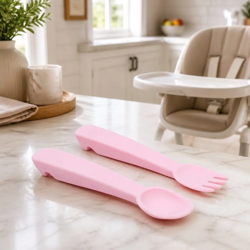 Baby Fork and Spoon Set for Self-Feeding with Travel Case Powder Pink