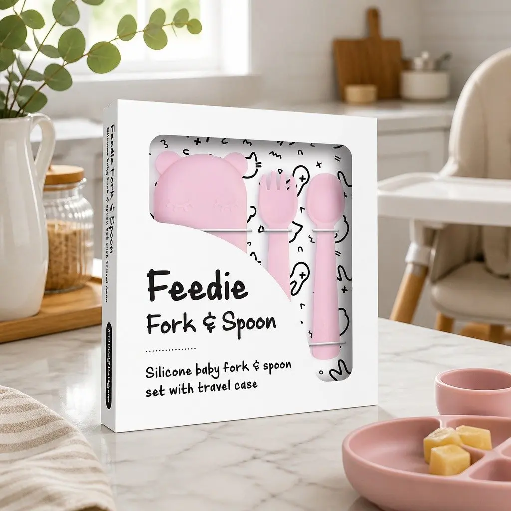 Baby Fork and Spoon Set for Self-Feeding with Travel Case Powder Pink