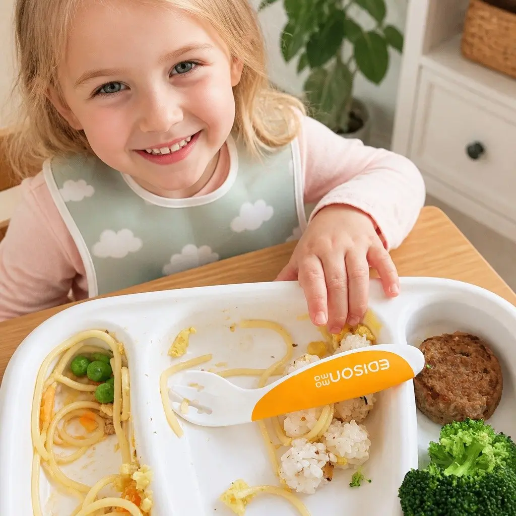 Left Handed Baby Spoon Fork Set Orange Beginners Utensils for Toddlers Self Feeding