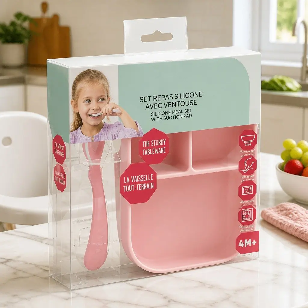 Silicone Suction Divided Plate Spoon Set Baby Feeding Mealtime Pink 2 Piece