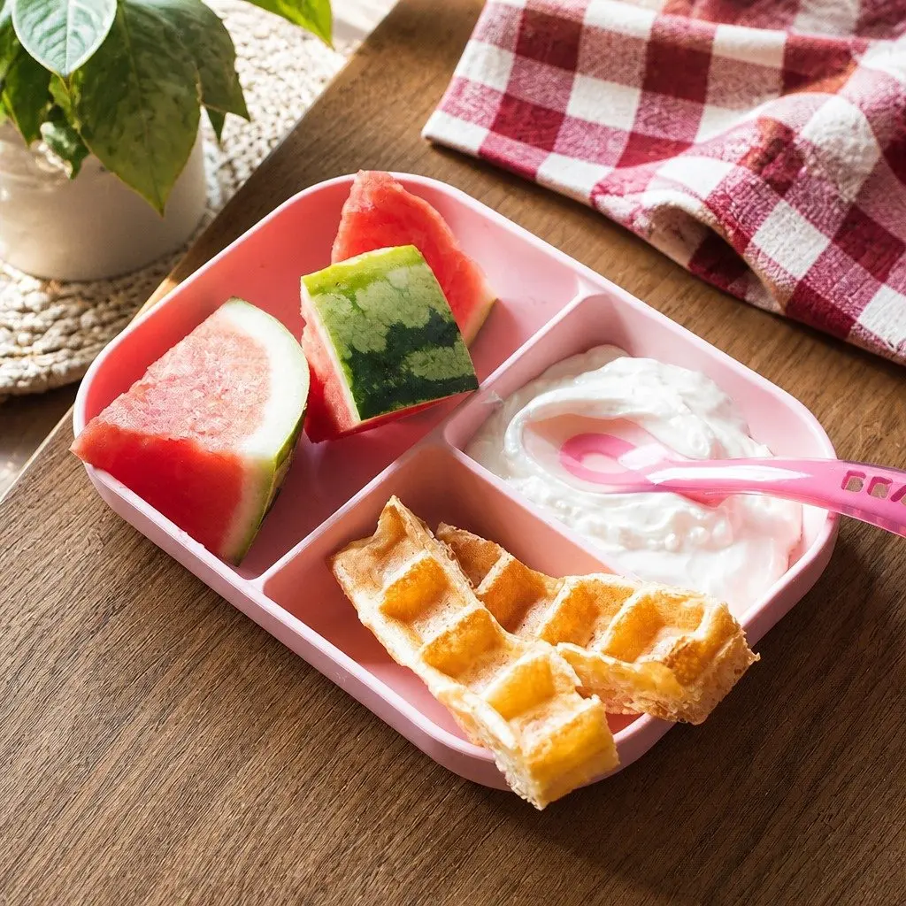 Silicone Suction Divided Plate Spoon Set Baby Feeding Mealtime Pink 2 Piece