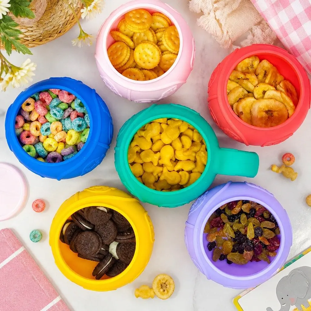 Snack Bowl Toddler Use Green Small Handle Spill-Proof Lid Reach-Through Opening