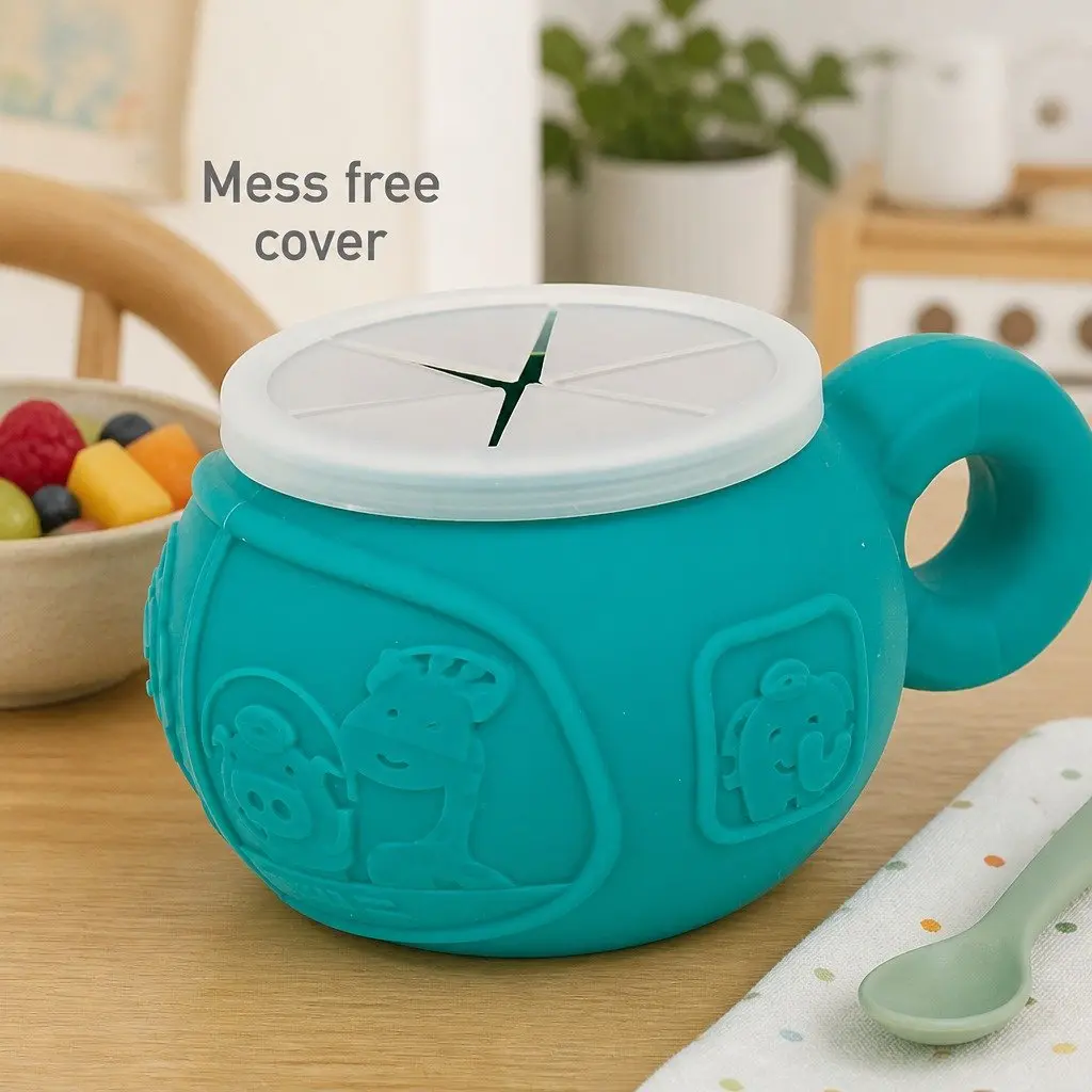 Snack Bowl Toddler Use Green Small Handle Spill-Proof Lid Reach-Through Opening