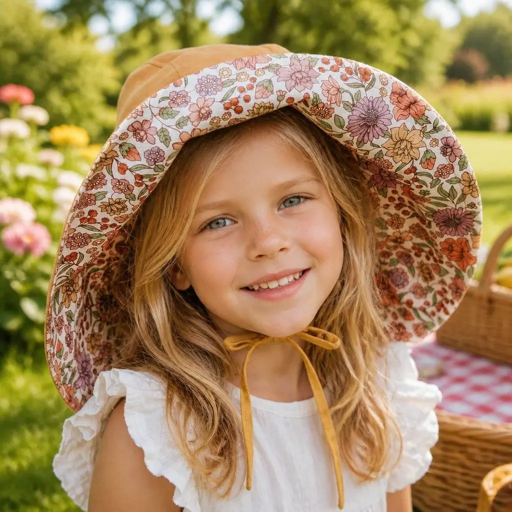 Girls Wide-Brimmed Sun Bonnet Hat Reversible UPF50+ Protection Kids Outdoor