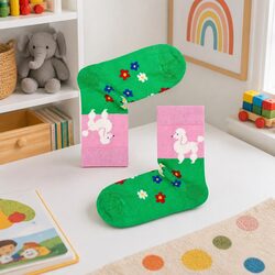 Kids Poodle Flowers Socks Size 2-3 Years Combed Cotton Reinforced Heel Toe