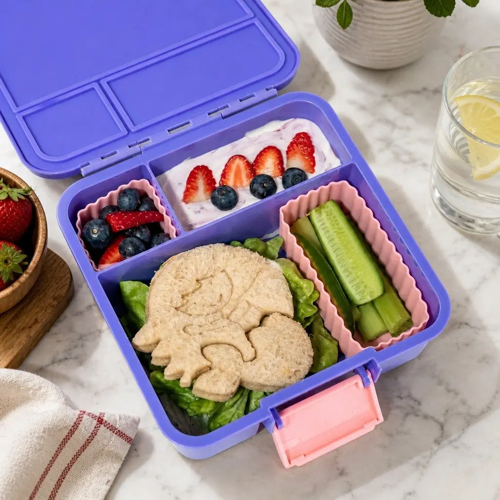 Bento Three Lunch Box for Kids Grape Compartment Leakproof Airtight Container