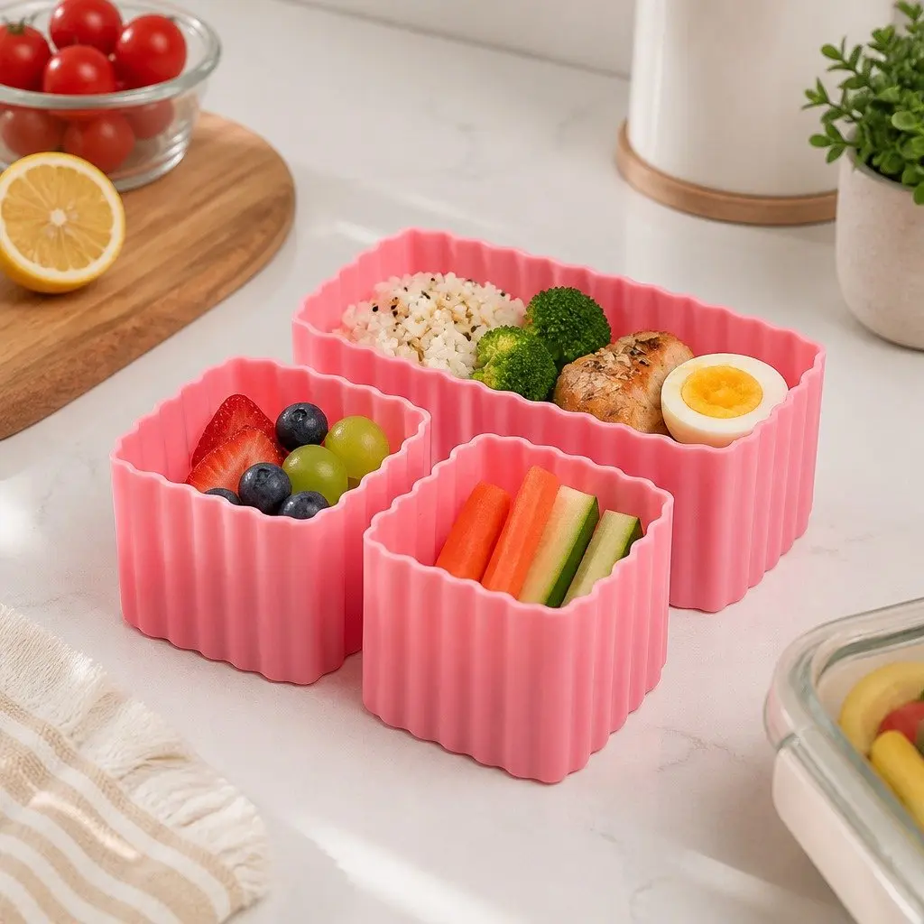 Bento Cups Mixed 3pcs Kids Lunch Box Food Container Set Silicone Apple