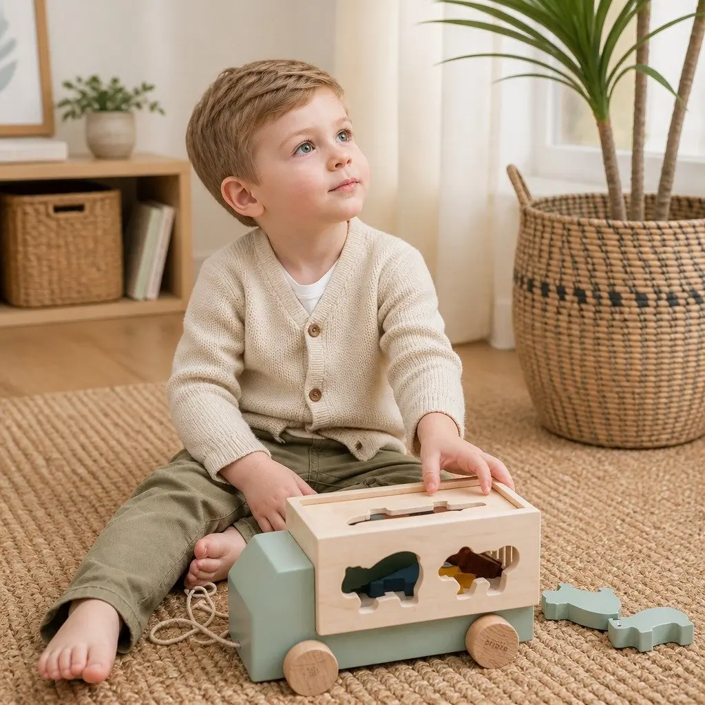 Wooden Animal Truck Pull Along Toy with 5 Animals Fine Motor Puzzle Game